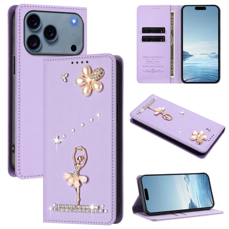 Custodia per telefono in ecopelle con protezione RFID e strass, a tema ballerina, con motivo a ballerina., For iPhone 17e / 16e, For iPhone 17 Pro Max, For iPhone 17 Pro