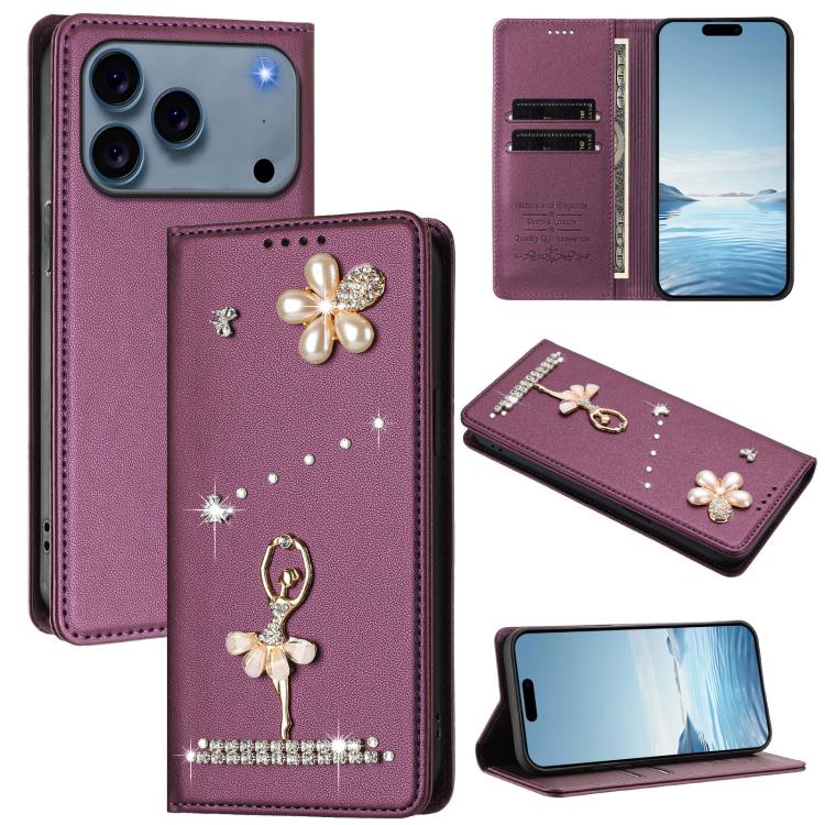 Custodia per telefono in ecopelle con protezione RFID e strass, a tema ballerina, con motivo a ballerina., For iPhone 17e / 16e, For iPhone 17 Pro Max, For iPhone 17 Pro
