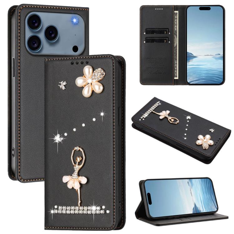 Custodia per telefono in ecopelle con protezione RFID e strass, a tema ballerina, con motivo a ballerina., For iPhone 17e / 16e, For iPhone 17 Pro Max, For iPhone 17 Pro