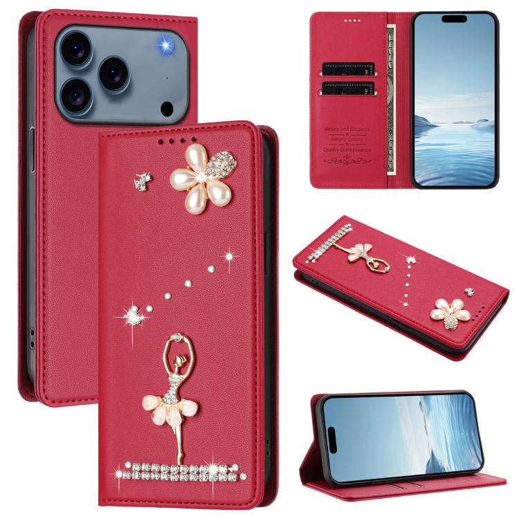 Custodia per telefono in ecopelle con protezione RFID e strass, a tema ballerina, con motivo a ballerina., For iPhone 17e / 16e, For iPhone 17 Pro Max, For iPhone 17 Pro