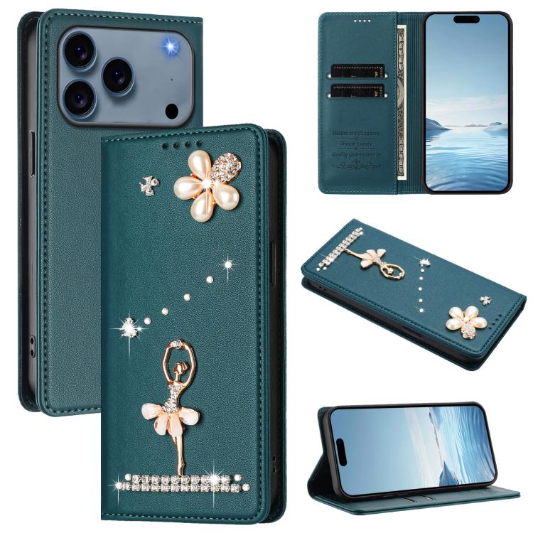 Custodia per telefono in ecopelle con protezione RFID e strass, a tema ballerina, con motivo a ballerina., For iPhone 17e / 16e, For iPhone 17 Pro Max, For iPhone 17 Pro