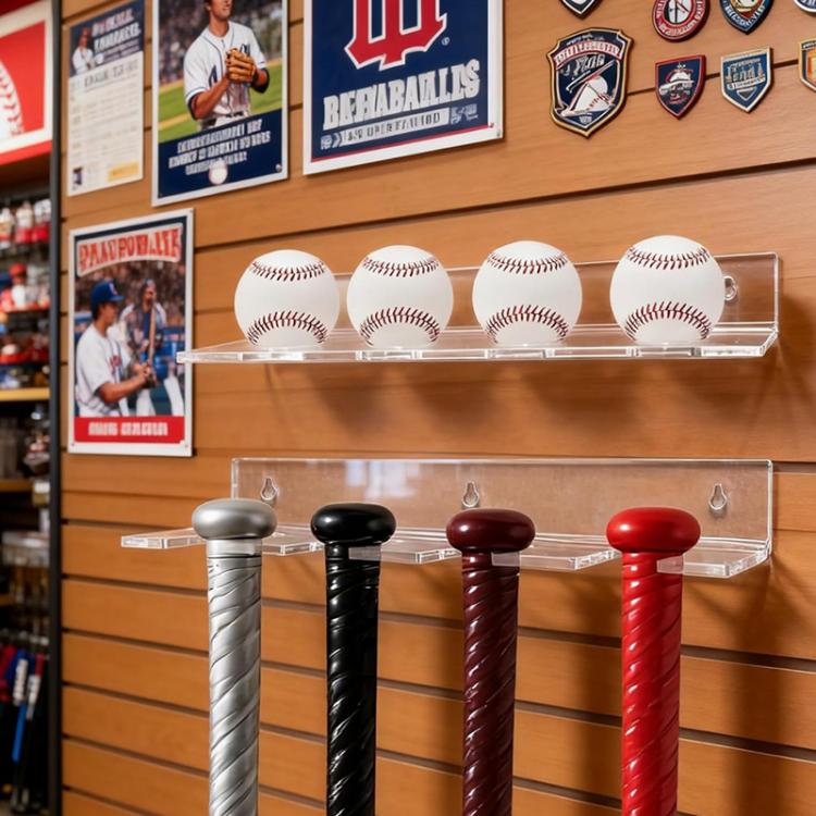 Set di 2 supporti da parete in acrilico trasparente per riporre e mostrare mazze da baseball e palline da baseball.