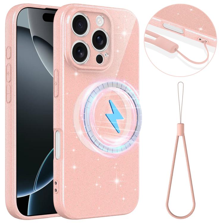 Custodia per telefono magnetica in TPU lucido con glitter e fori sottili, con cinturino da polso dello stesso colore., For iPhone 16 Pro, For iPhone 16 Plus, For iPhone 16