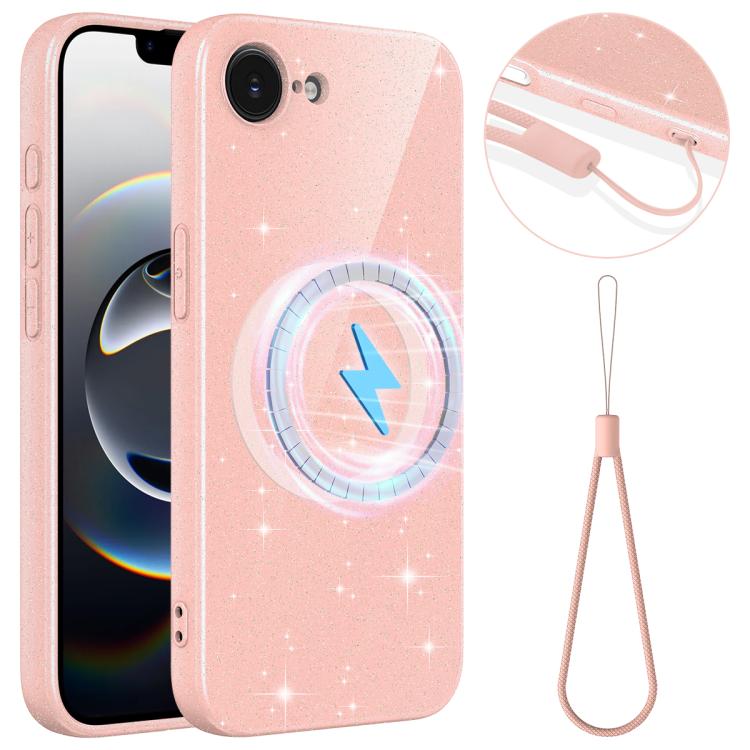 Custodia per telefono magnetica in TPU lucido con glitter e fori sottili, con cinturino da polso dello stesso colore., For iPhone 17e / 16e, For iPhone 17 Pro Max, For iPhone 17 Pro, For iPhone 17, For iPhone Air, For iPhone 16 Pro Max