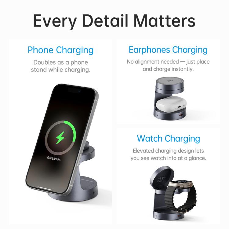 Caricabatterie wireless magnetico 3 in 1 ROCK W56 con Qi2.2 25W, W56