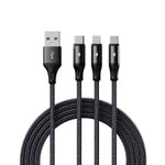 Cavo di ricarica ROCK RCB0790 da 1,2 m, 3 in 1, da USB a 8 pin + Type-C + Micro USB, con rivestimento metallico intrecciato., RCB0790