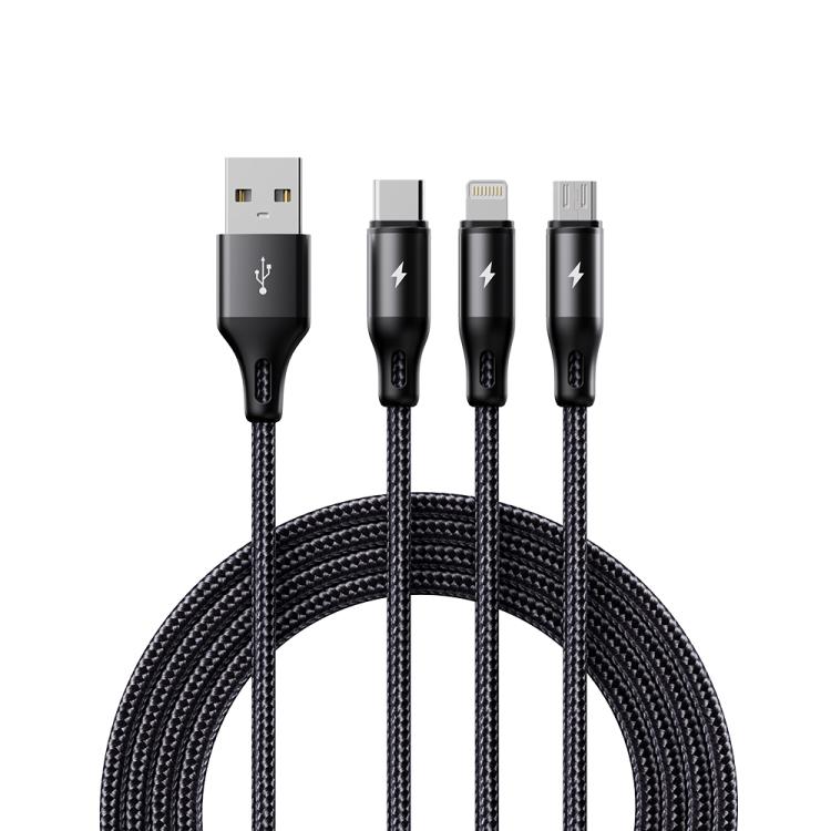 Cavo di ricarica ROCK RCB0790 da 1,2 m, 3 in 1, da USB a 8 pin + Type-C + Micro USB, con rivestimento metallico intrecciato., RCB0790