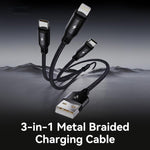 Cavo di ricarica ROCK RCB0790 da 1,2 m, 3 in 1, da USB a 8 pin + Type-C + Micro USB, con rivestimento metallico intrecciato., RCB0790