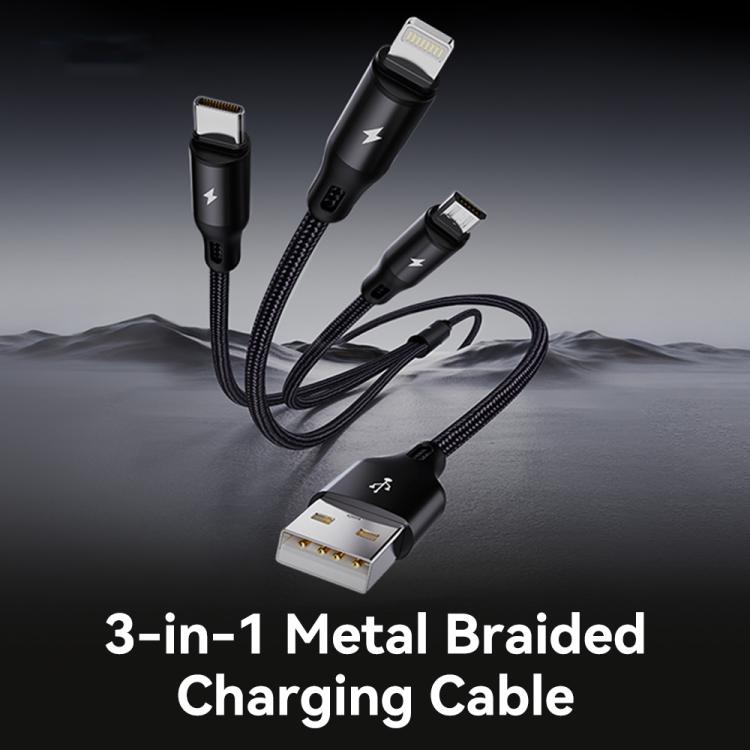 Cavo di ricarica ROCK RCB0790 da 1,2 m, 3 in 1, da USB a 8 pin + Type-C + Micro USB, con rivestimento metallico intrecciato., RCB0790