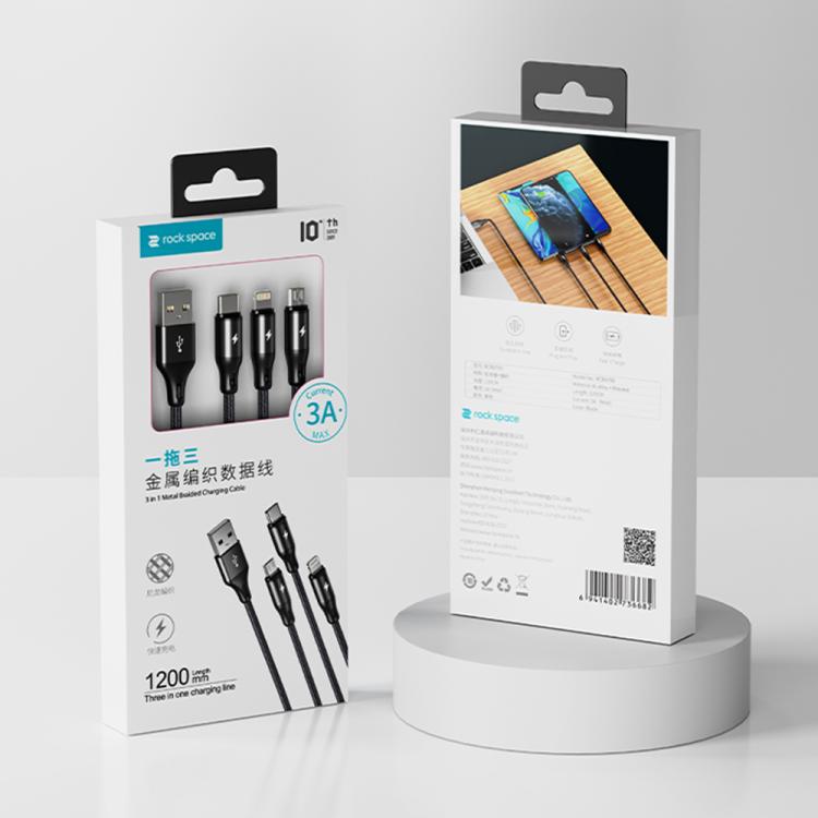 Cavo di ricarica ROCK RCB0790 da 1,2 m, 3 in 1, da USB a 8 pin + Type-C + Micro USB, con rivestimento metallico intrecciato., RCB0790
