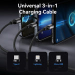 Cavo di ricarica ROCK RCB0790 da 1,2 m, 3 in 1, da USB a 8 pin + Type-C + Micro USB, con rivestimento metallico intrecciato., RCB0790