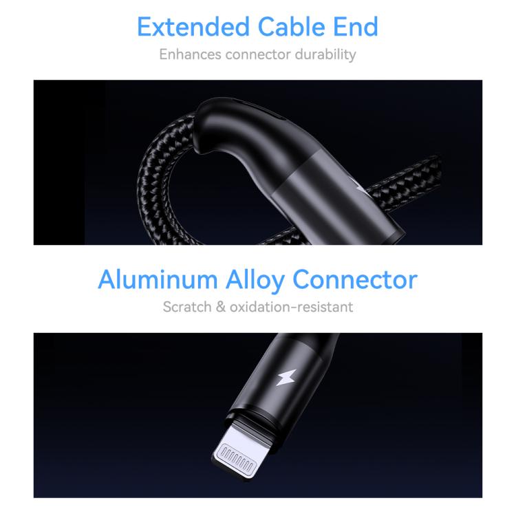 Cavo di ricarica ROCK RCB0790 da 1,2 m, 3 in 1, da USB a 8 pin + Type-C + Micro USB, con rivestimento metallico intrecciato., RCB0790
