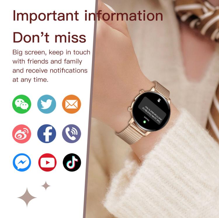 Smartwatch da donna QS03 con display AMOLED da 1,32 pollici e supporto per il monitoraggio della salute.