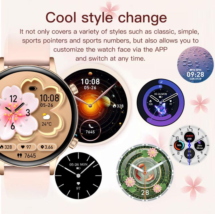 Smartwatch da donna QS03 con display AMOLED da 1,32 pollici e supporto per il monitoraggio della salute.