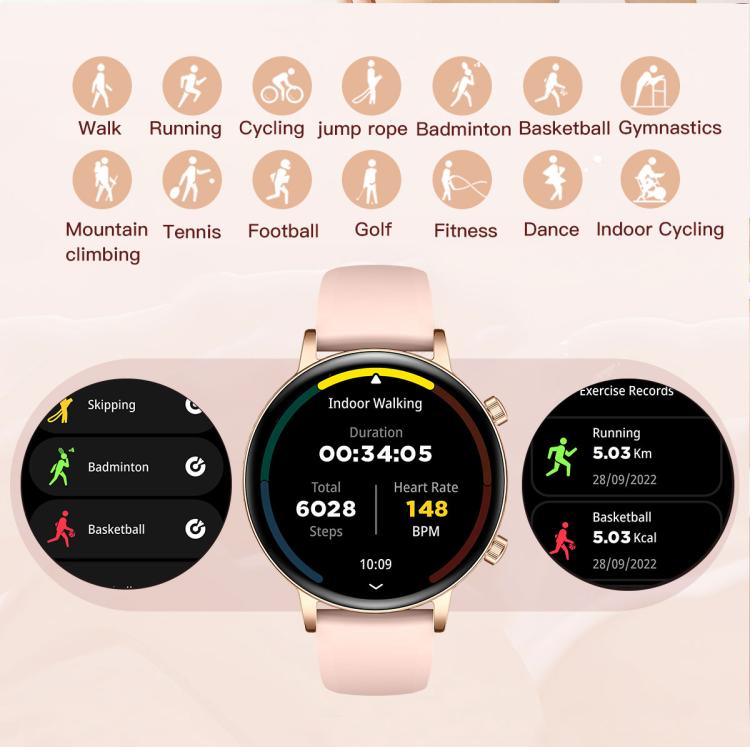 Smartwatch da donna QS03 con display AMOLED da 1,32 pollici e supporto per il monitoraggio della salute.