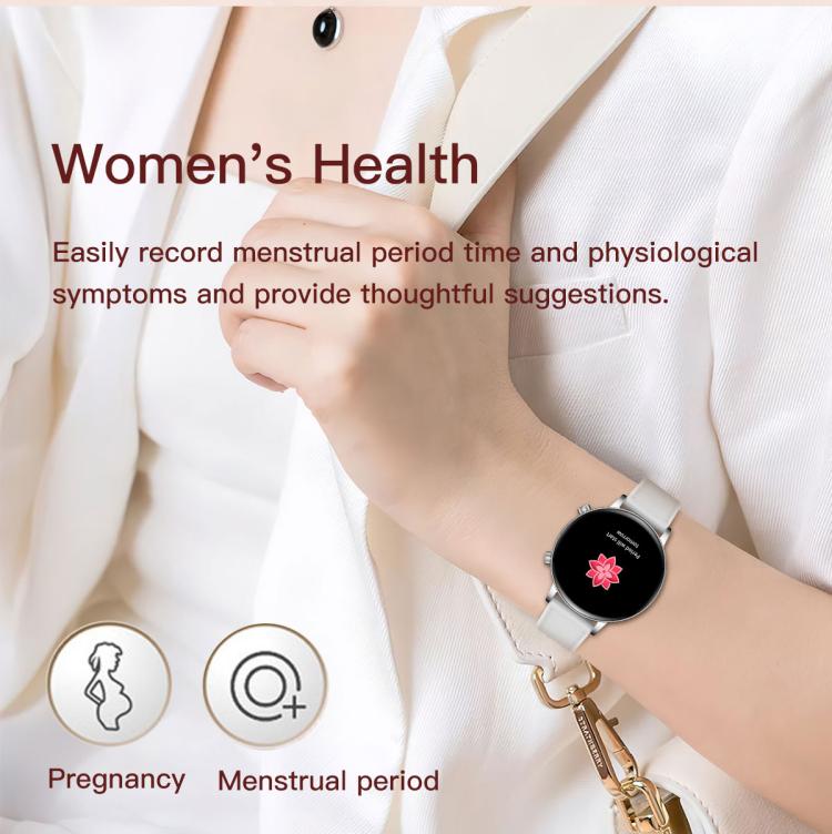 Smartwatch da donna QS03 con display AMOLED da 1,32 pollici e supporto per il monitoraggio della salute.