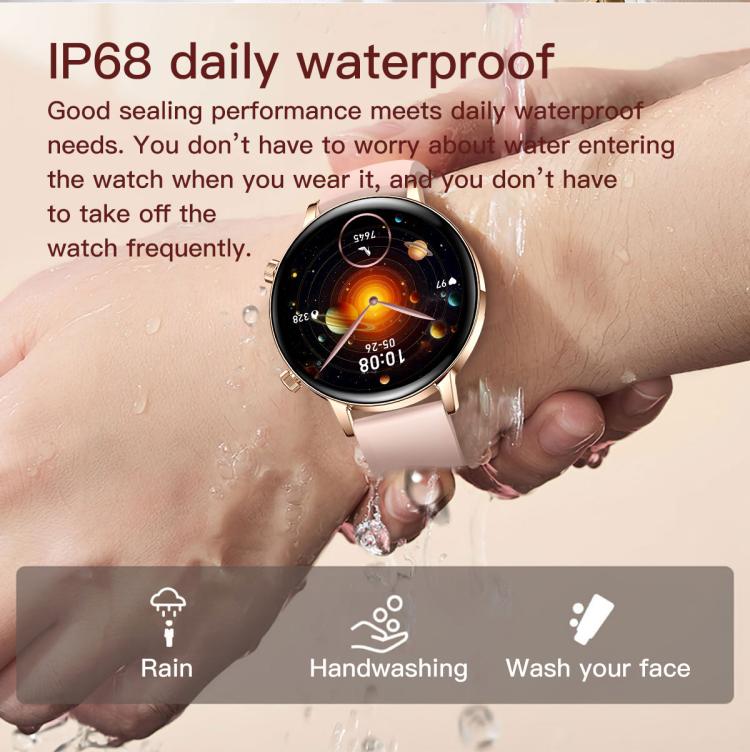 Smartwatch da donna QS03 con display AMOLED da 1,32 pollici e supporto per il monitoraggio della salute.
