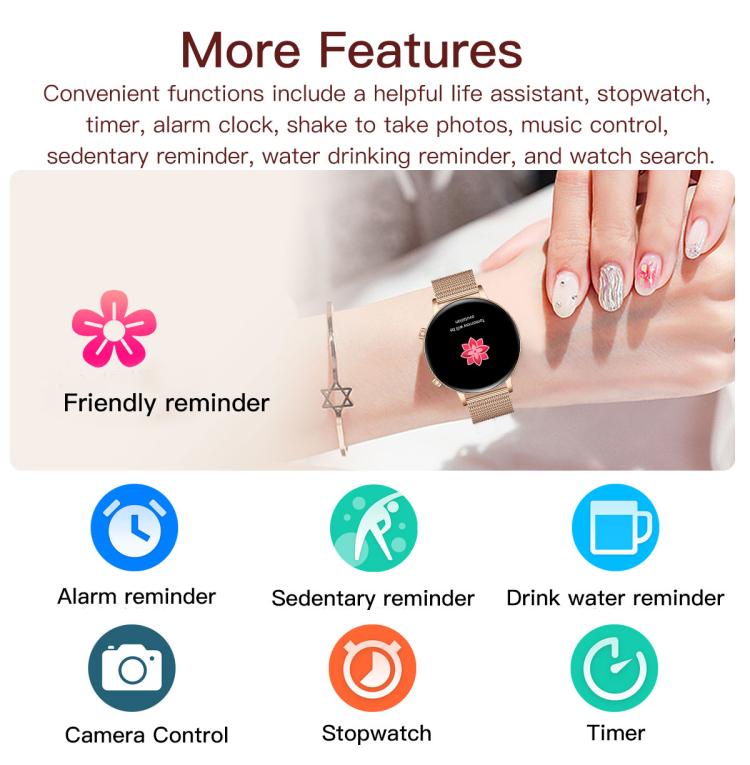 Smartwatch da donna QS03 con display AMOLED da 1,32 pollici e supporto per il monitoraggio della salute.