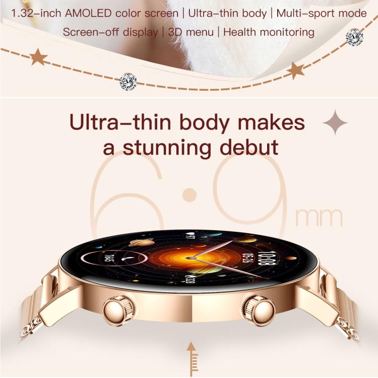 Smartwatch da donna QS03 con display AMOLED da 1,32 pollici e supporto per il monitoraggio della salute.