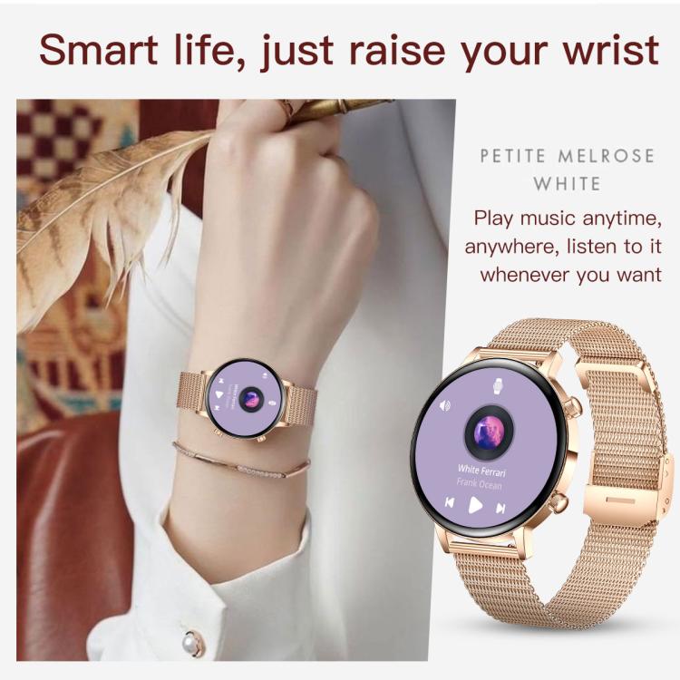 Smartwatch da donna QS03 con display AMOLED da 1,32 pollici e supporto per il monitoraggio della salute.
