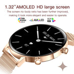 Smartwatch da donna QS03 con display AMOLED da 1,32 pollici e supporto per il monitoraggio della salute.