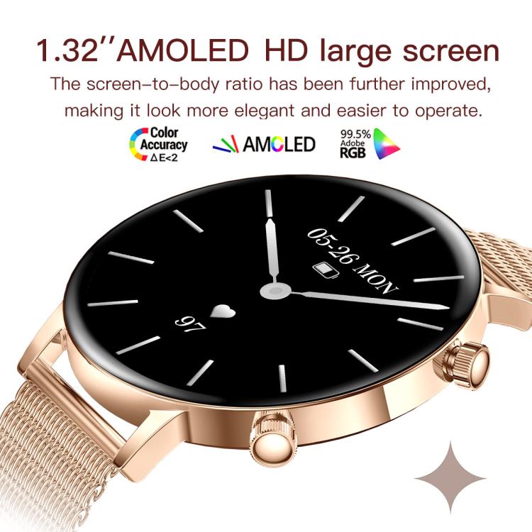 Smartwatch da donna QS03 con display AMOLED da 1,32 pollici e supporto per il monitoraggio della salute.