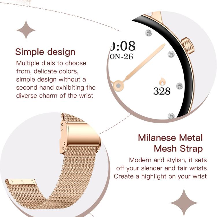Smartwatch da donna QS03 con display AMOLED da 1,32 pollici e supporto per il monitoraggio della salute.