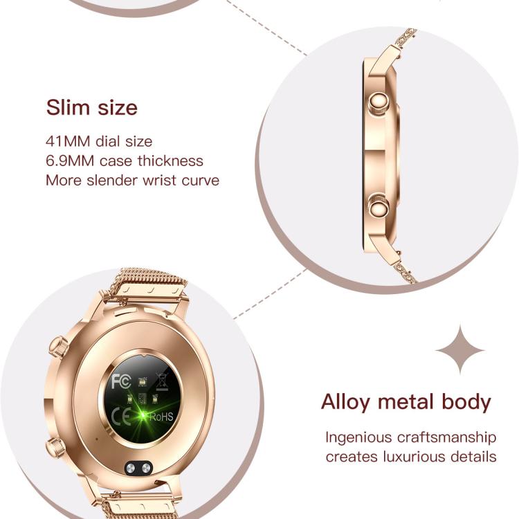 Smartwatch da donna QS03 con display AMOLED da 1,32 pollici e supporto per il monitoraggio della salute.