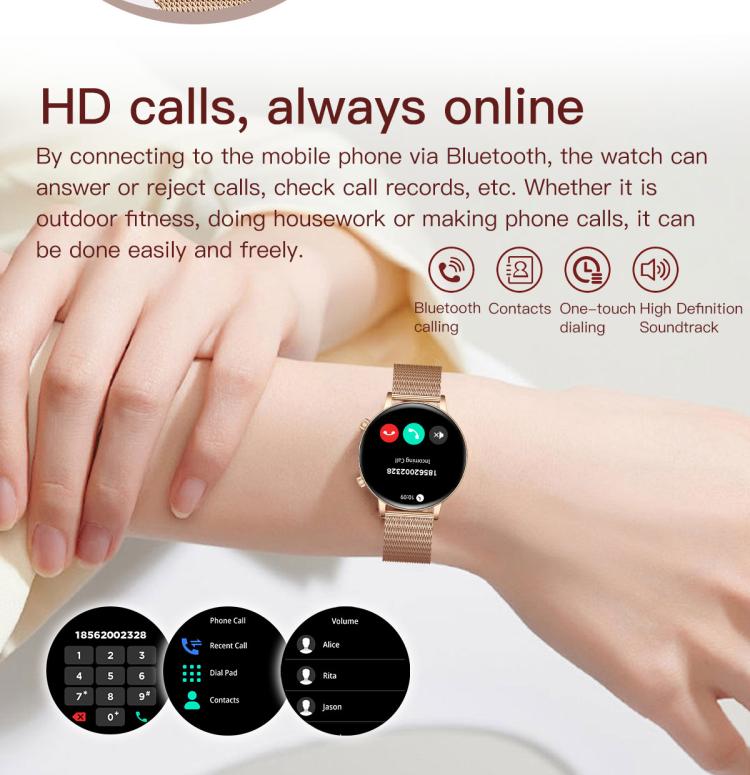 Smartwatch da donna QS03 con display AMOLED da 1,32 pollici e supporto per il monitoraggio della salute.