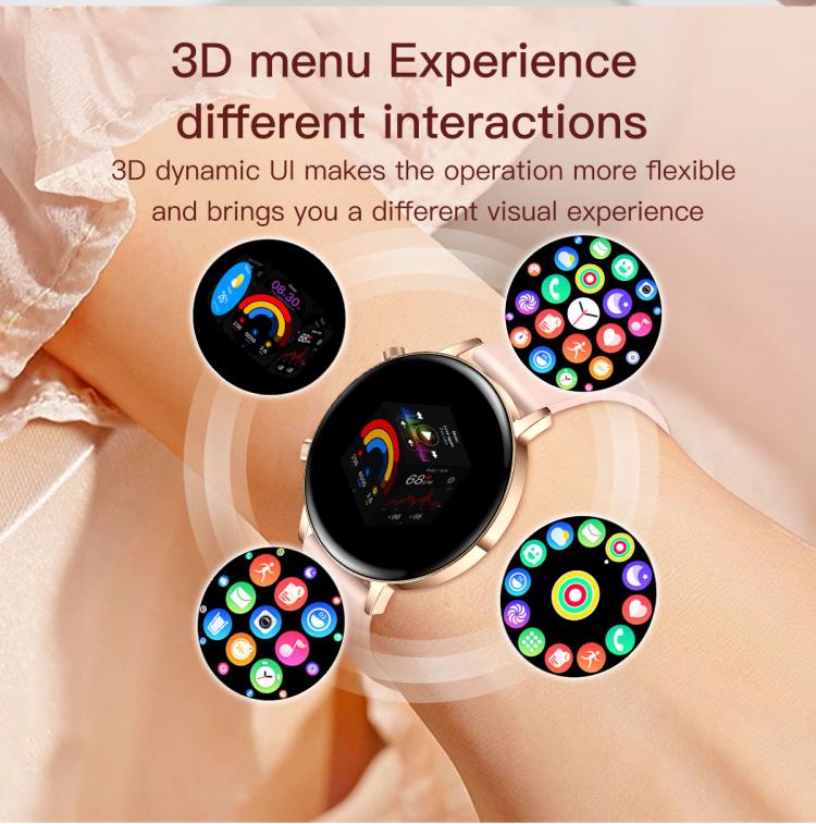 Smartwatch da donna QS03 con display AMOLED da 1,32 pollici e supporto per il monitoraggio della salute.
