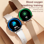 Smartwatch da donna QS03 con display AMOLED da 1,32 pollici e supporto per il monitoraggio della salute.