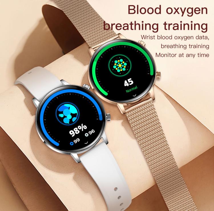 Smartwatch da donna QS03 con display AMOLED da 1,32 pollici e supporto per il monitoraggio della salute.