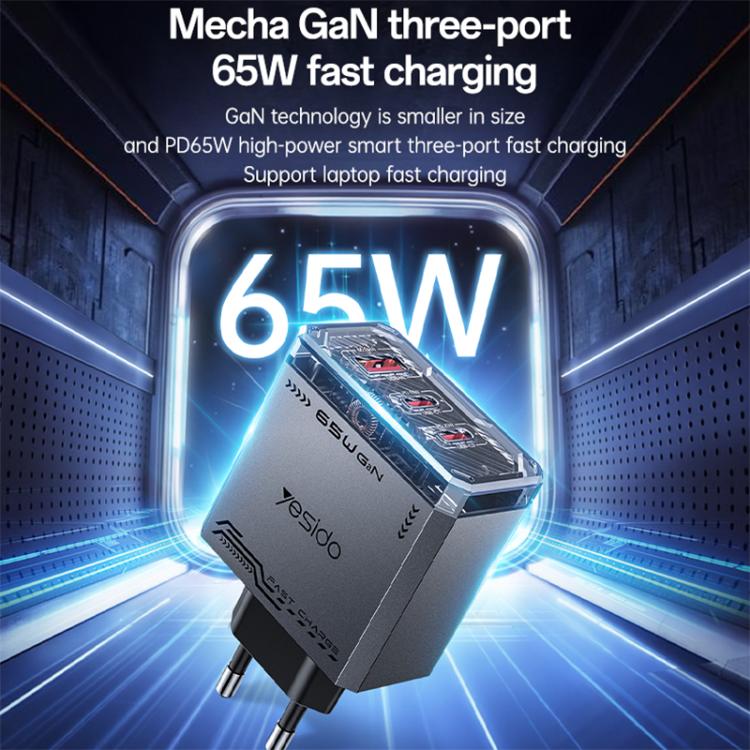 Caricabatterie rapido Yesido YC101 da 65 W con tecnologia Mecha GaN e tre porte., YC101
