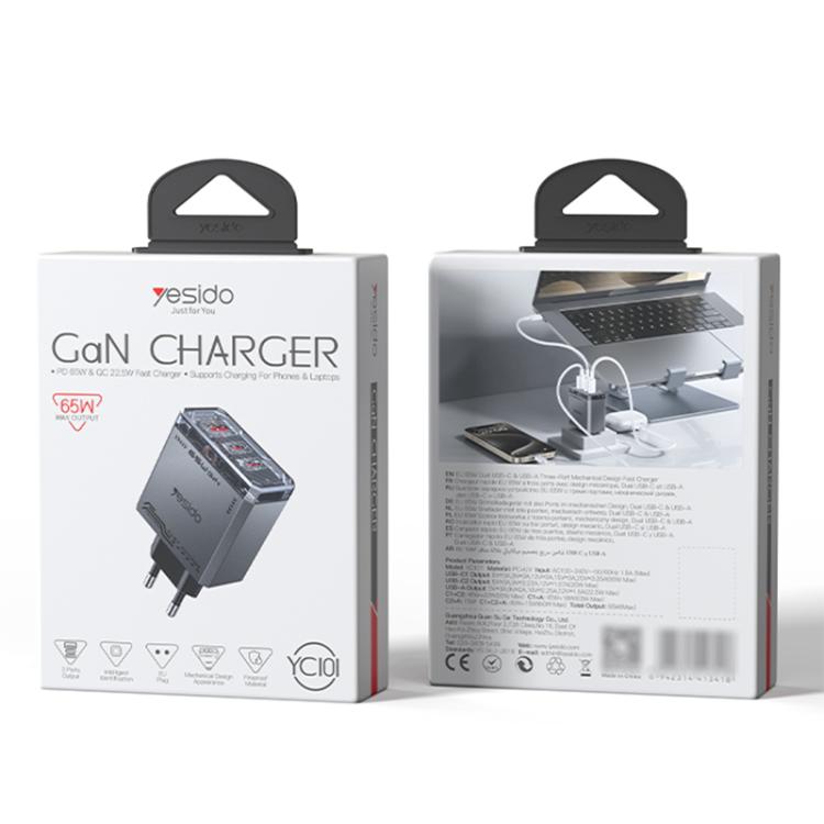 Caricabatterie rapido Yesido YC101 da 65 W con tecnologia Mecha GaN e tre porte., YC101