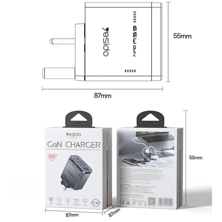 Caricabatterie rapido Yesido YC147 da 65 W con tecnologia Mecha GaN e tre porte., YC147