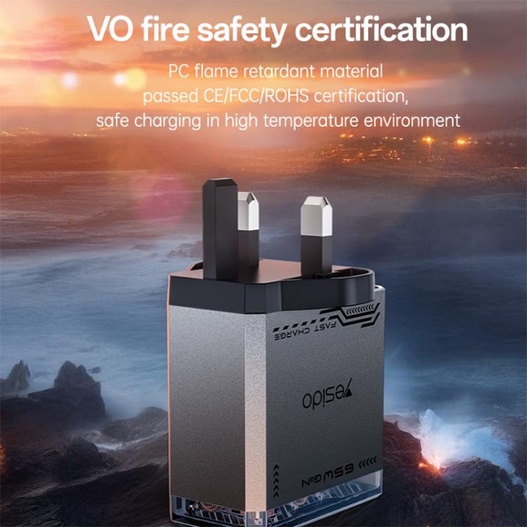 Caricabatterie rapido Yesido YC147 da 65 W con tecnologia Mecha GaN e tre porte., YC147