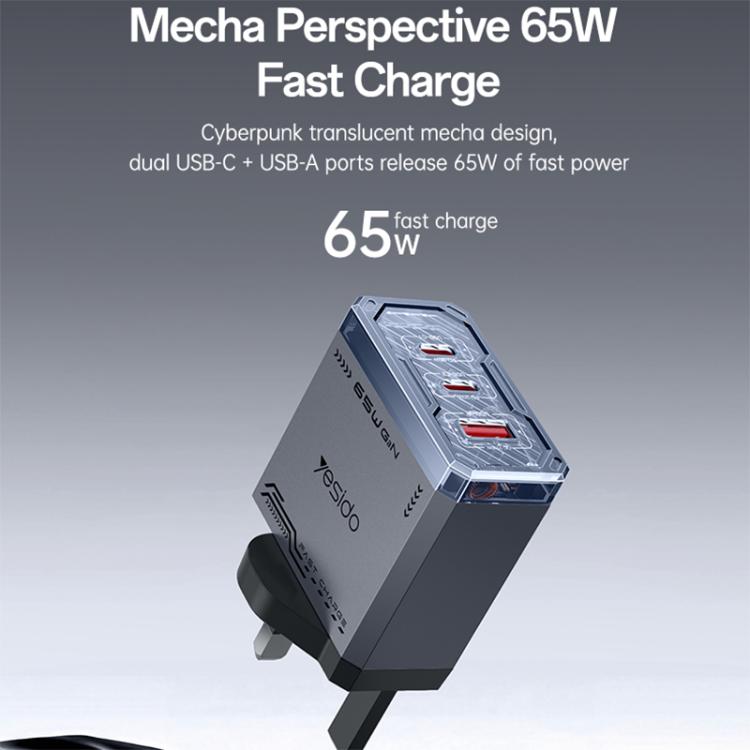 Caricabatterie rapido Yesido YC147 da 65 W con tecnologia Mecha GaN e tre porte., YC147