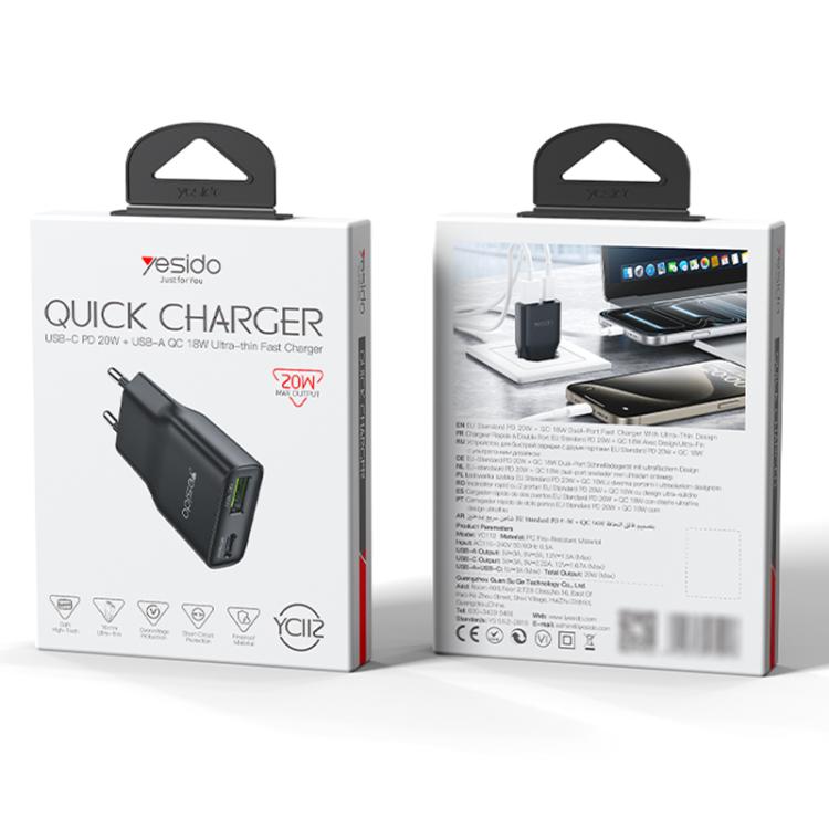 Caricabatterie rapido Yesido YC112 ultra sottile da 20 W con doppia porta PD QC., YC112