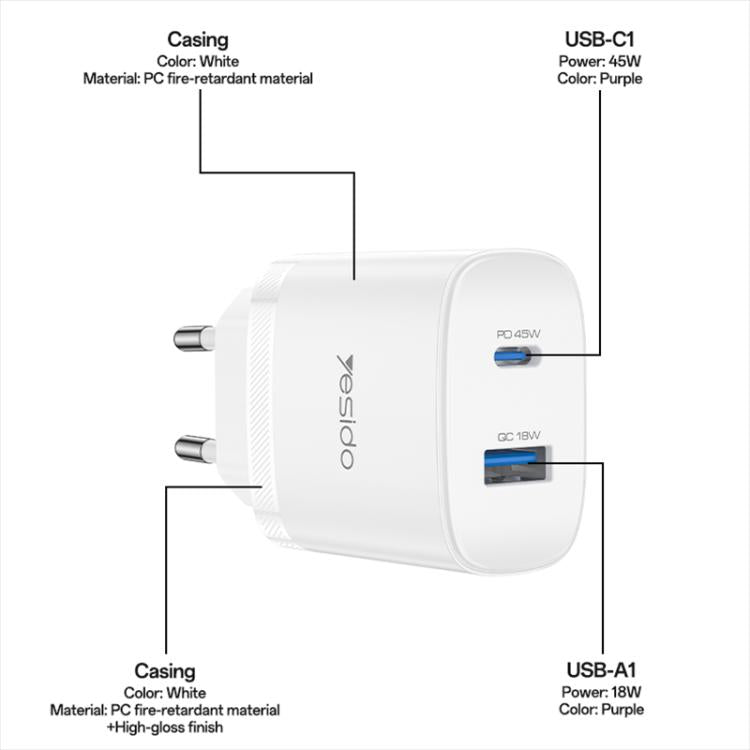 Set di caricabatterie rapido Yesido PD45W con doppia interfaccia USB e Type-C, EU Plug, UK Plug, US Plug