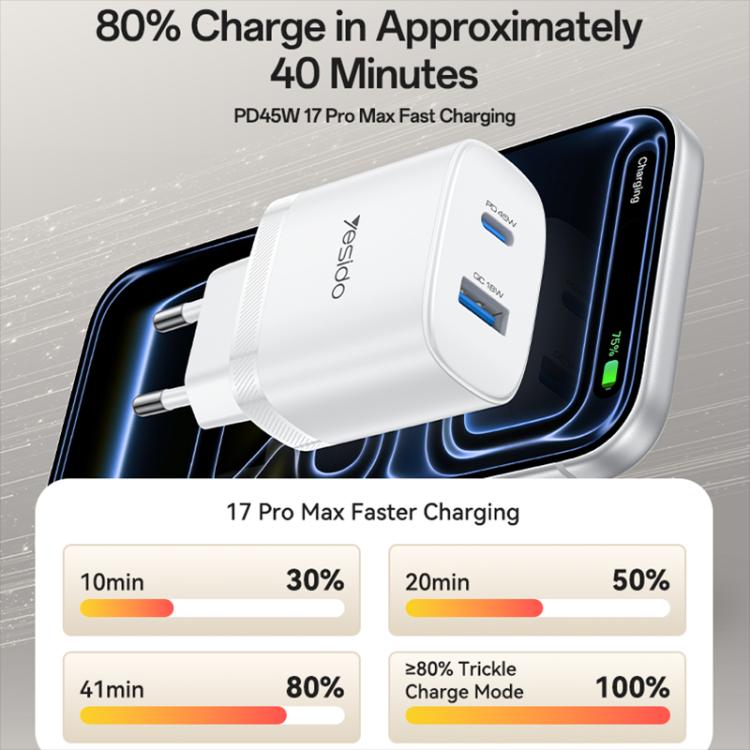 Set di caricabatterie rapido Yesido PD45W con doppia interfaccia USB e Type-C, EU Plug, UK Plug, US Plug