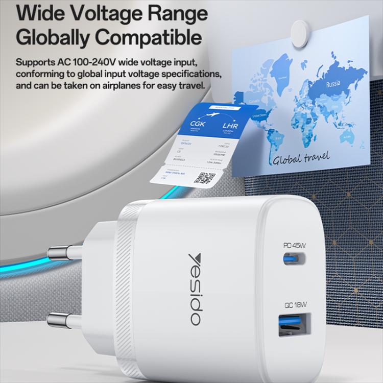 Set di caricabatterie rapido Yesido PD45W con doppia interfaccia USB e Type-C, EU Plug, UK Plug, US Plug