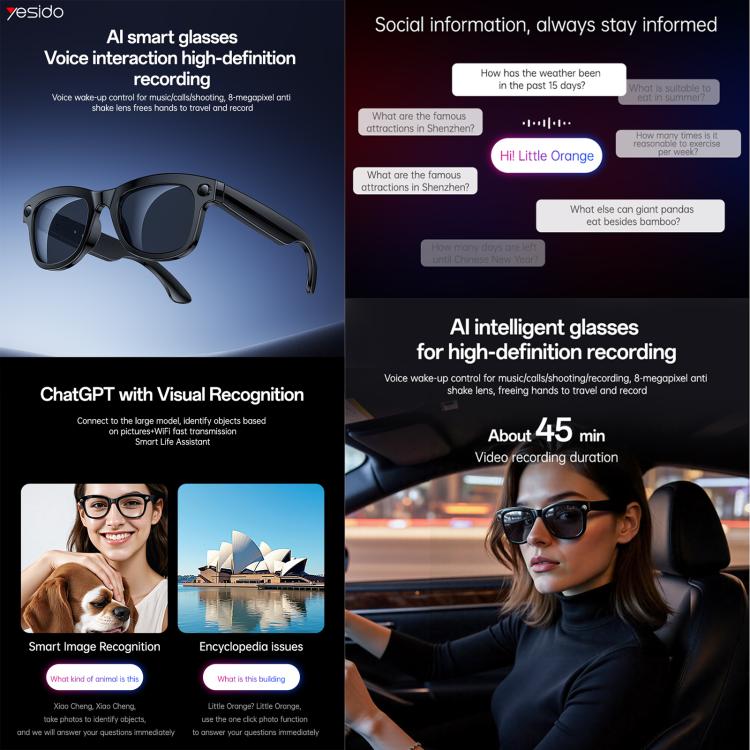 Occhiali intelligenti Yesido IO42 IP67 impermeabili con intelligenza artificiale, fotocamera HD, supporto multilingue, cancellazione del rumore con doppio microfono, design ergonomico., IO42