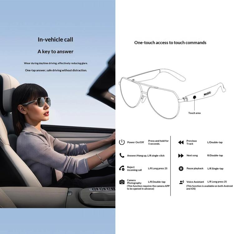 Occhiali audio intelligenti Yesido IO44, cuffie Bluetooth 5.4 a orecchio aperto / occhiali da sole polarizzati con microfono per viaggi e lavoro, IO44