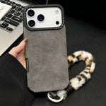 Custodia per telefono in TPU effetto pelle scamosciata con cordino di peluche a forma di coniglio stampato., For iPhone 17 Pro Max, For iPhone 17 Pro, For iPhone 17, For iPhone 16 Pro Max
