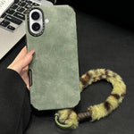 Custodia per telefono in TPU effetto pelle scamosciata con cordino di peluche a forma di coniglio stampato., For iPhone 17 Pro Max, For iPhone 17 Pro, For iPhone 17, For iPhone 16 Pro Max