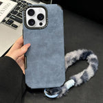 Custodia per telefono in TPU effetto pelle scamosciata con cordino di peluche a forma di coniglio stampato., For iPhone 16 Pro, For iPhone 16, For iPhone 15 Pro Max, For iPhone 15 Pro