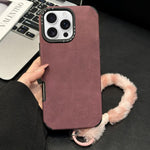 Custodia per telefono in TPU effetto pelle scamosciata con cordino di peluche a forma di coniglio stampato., For iPhone 16 Pro, For iPhone 16, For iPhone 15 Pro Max, For iPhone 15 Pro