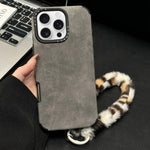 Custodia per telefono in TPU effetto pelle scamosciata con cordino di peluche a forma di coniglio stampato., For iPhone 16 Pro, For iPhone 16, For iPhone 15 Pro Max, For iPhone 15 Pro