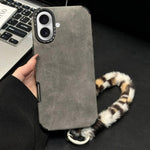 Custodia per telefono in TPU effetto pelle scamosciata con cordino di peluche a forma di coniglio stampato., For iPhone 16 Pro, For iPhone 16, For iPhone 15 Pro Max, For iPhone 15 Pro