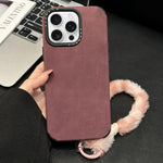 Custodia per telefono in TPU effetto pelle scamosciata con cordino di peluche a forma di coniglio stampato., For iPhone 16 Pro, For iPhone 16, For iPhone 15 Pro Max, For iPhone 15 Pro